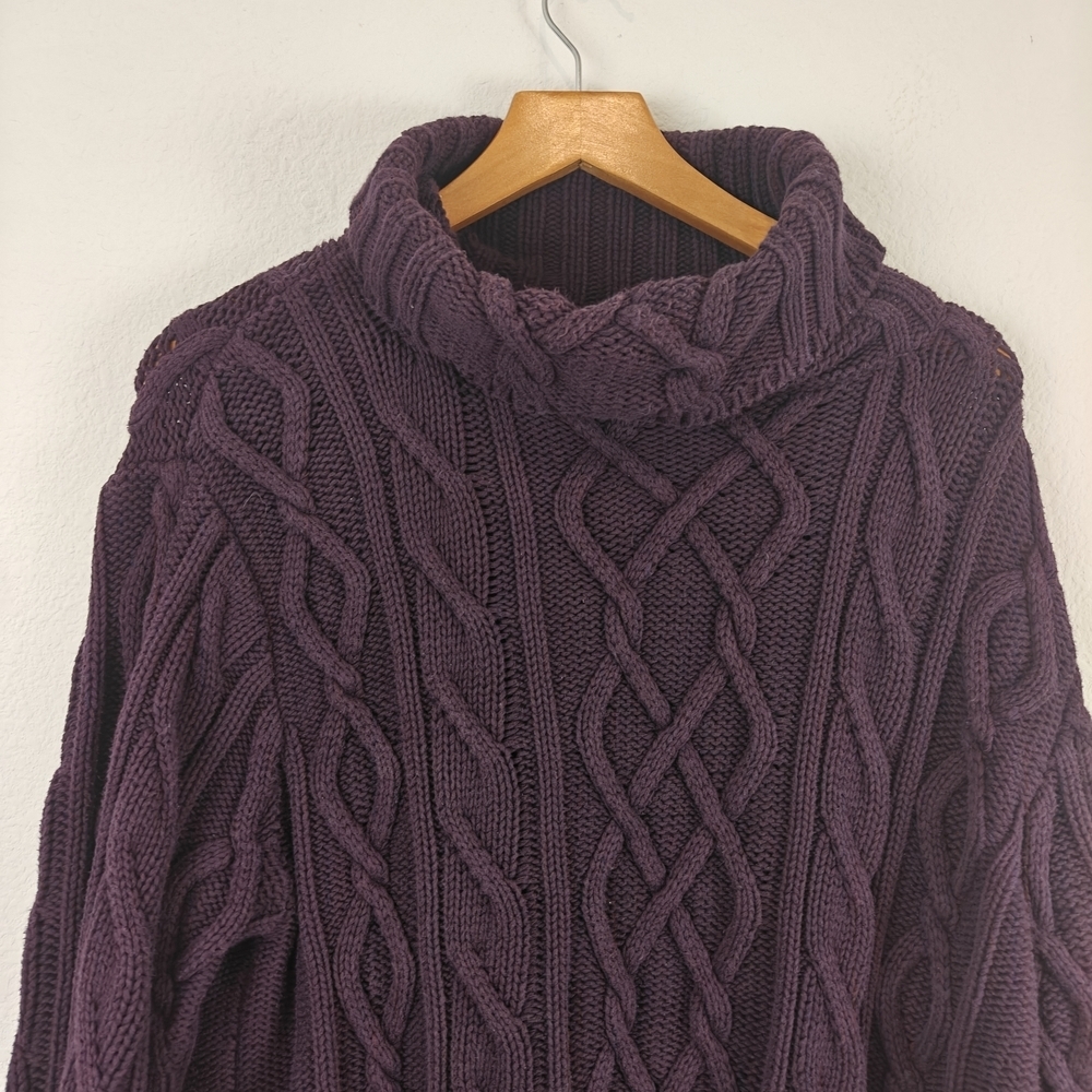 Bryn Walker Cotton Turtleneck Chunky Cable Knit Sweater In Eggplant Purple Sz LG - Picture 5 of 11